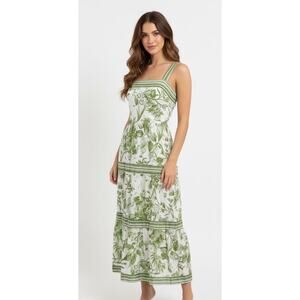 Sweet Wanderer Green White Floral Botanical Tiered Midi Dress Summer Chic Medium
